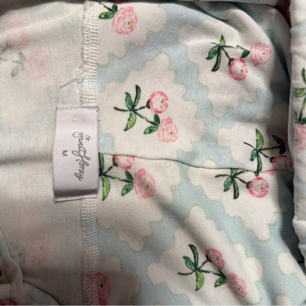 SweetHoney White Pajama Bottoms with Pink Rose and Blue Cloud Accents